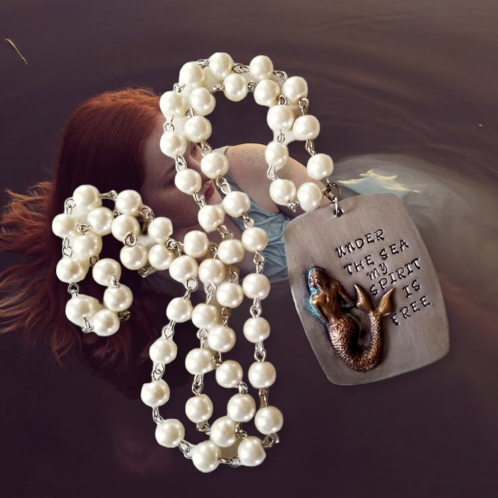 Hand Crafted Hand Stamped Faux Pearl Mermaid Pendant Necklace